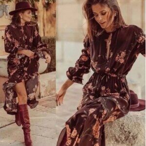 Johanna Ortiz x H&M Floral Tiered Brown Midi Dress Bohemian Large
